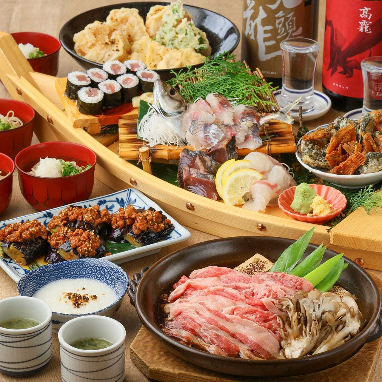 A plan to enjoy Mazume's luxurious boat-shaped platter and "domestic beef sukiyaki"