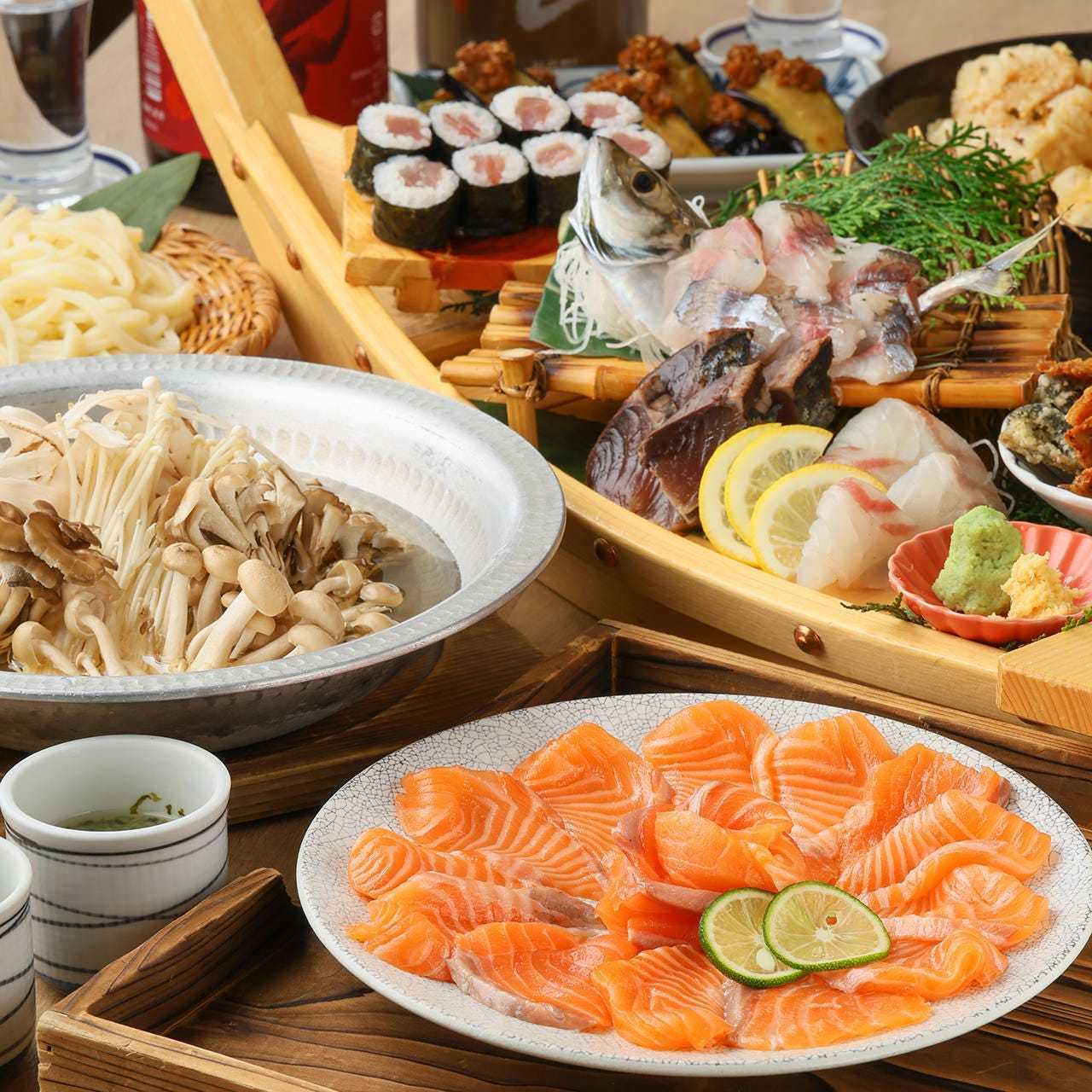 A plan to enjoy Mazume's luxurious boat-shaped platter and "Salmon and Autumn Mushroom Shabu-Shabu"