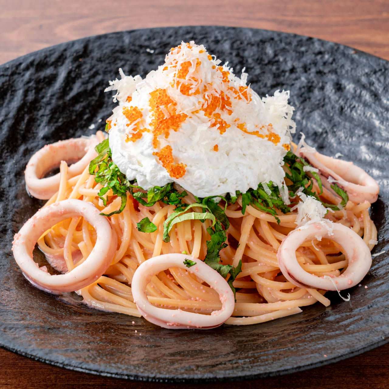 ふわふわクリームのエスプーマパスタ～イカ＆タラコソース