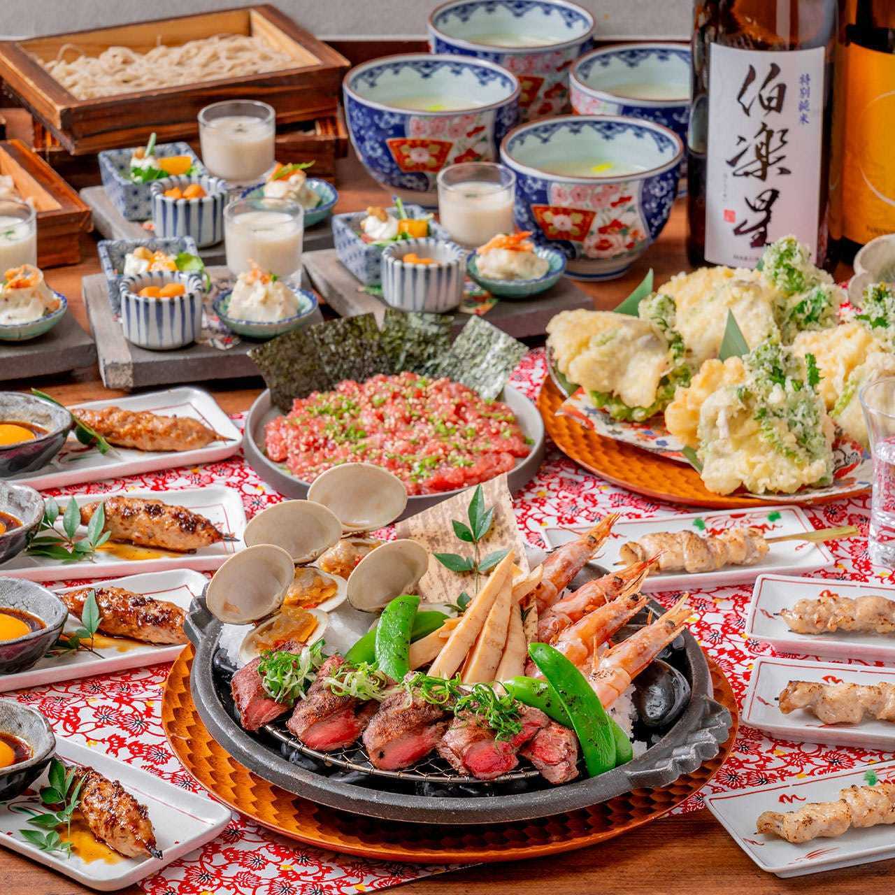 『牛タンと焼貝の宝楽焼き』『串焼き鴨生つくね黄身ダレ』「濃厚鴨出しせいろ蕎麦」を愉しむ3.5時間宴