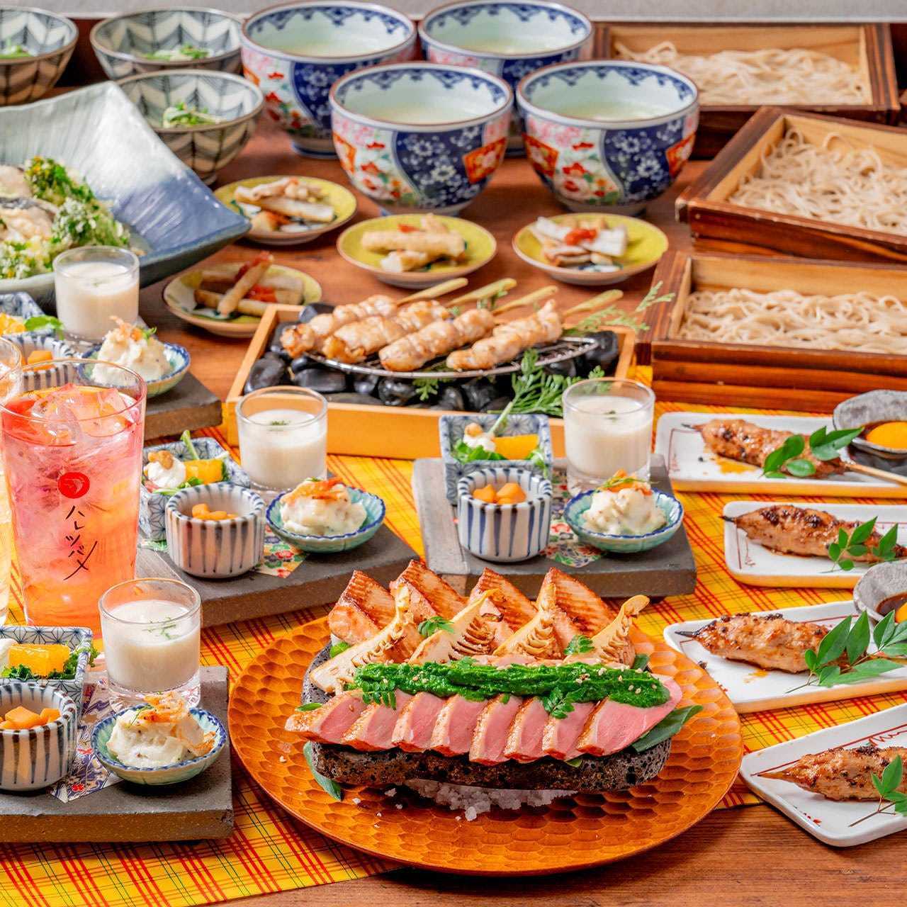 【一推しコース】「鴨ロースと桜鱒の溶岩焼き」と「串焼き鴨生つくね黄身ダレ」季節のおばんざいを愉しむ宴