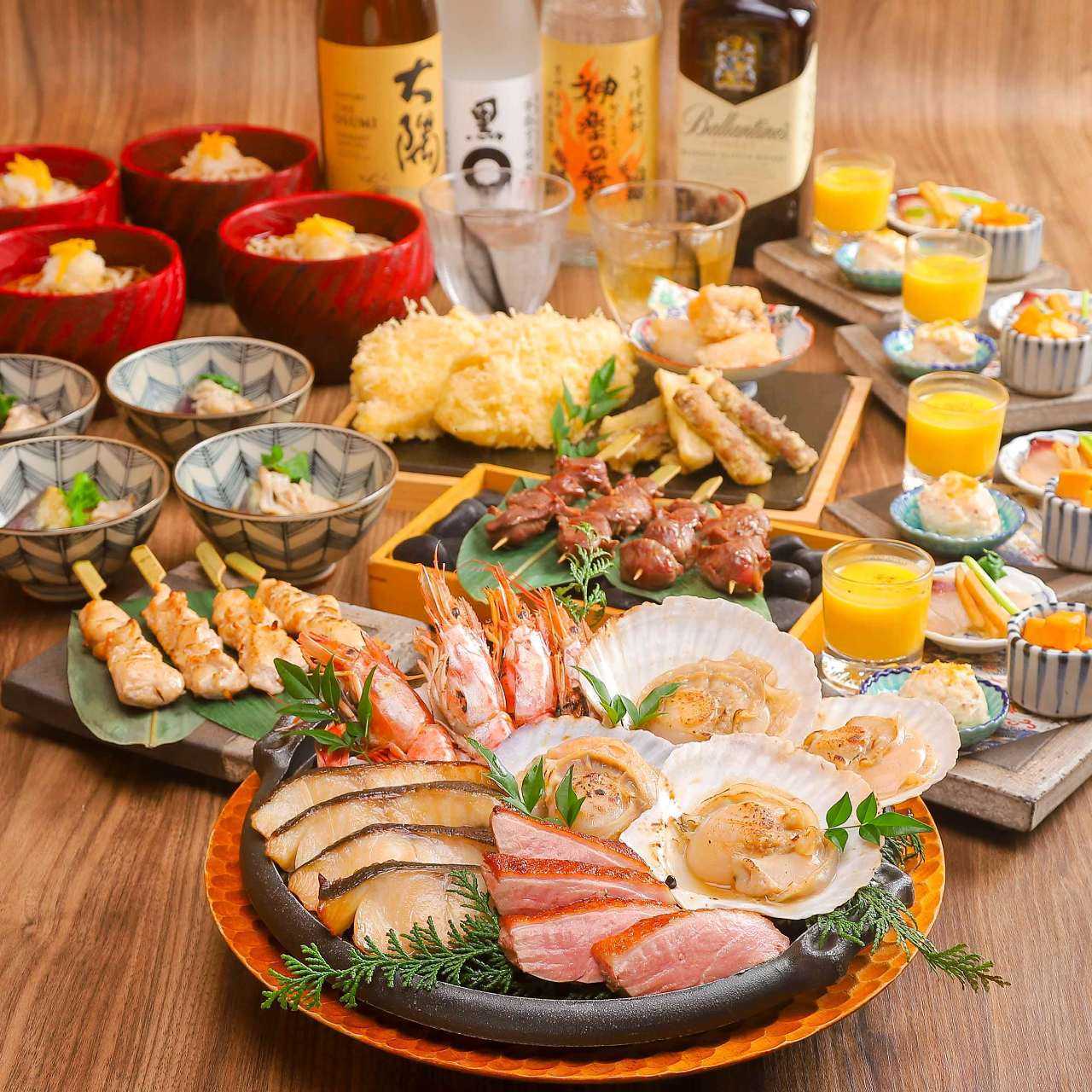 【厳選】選べるメイン『合鴨、銀鱈、帆立の宝楽焼き』『串焼き』『季節のおばんざい』を2時間愉しむ宴