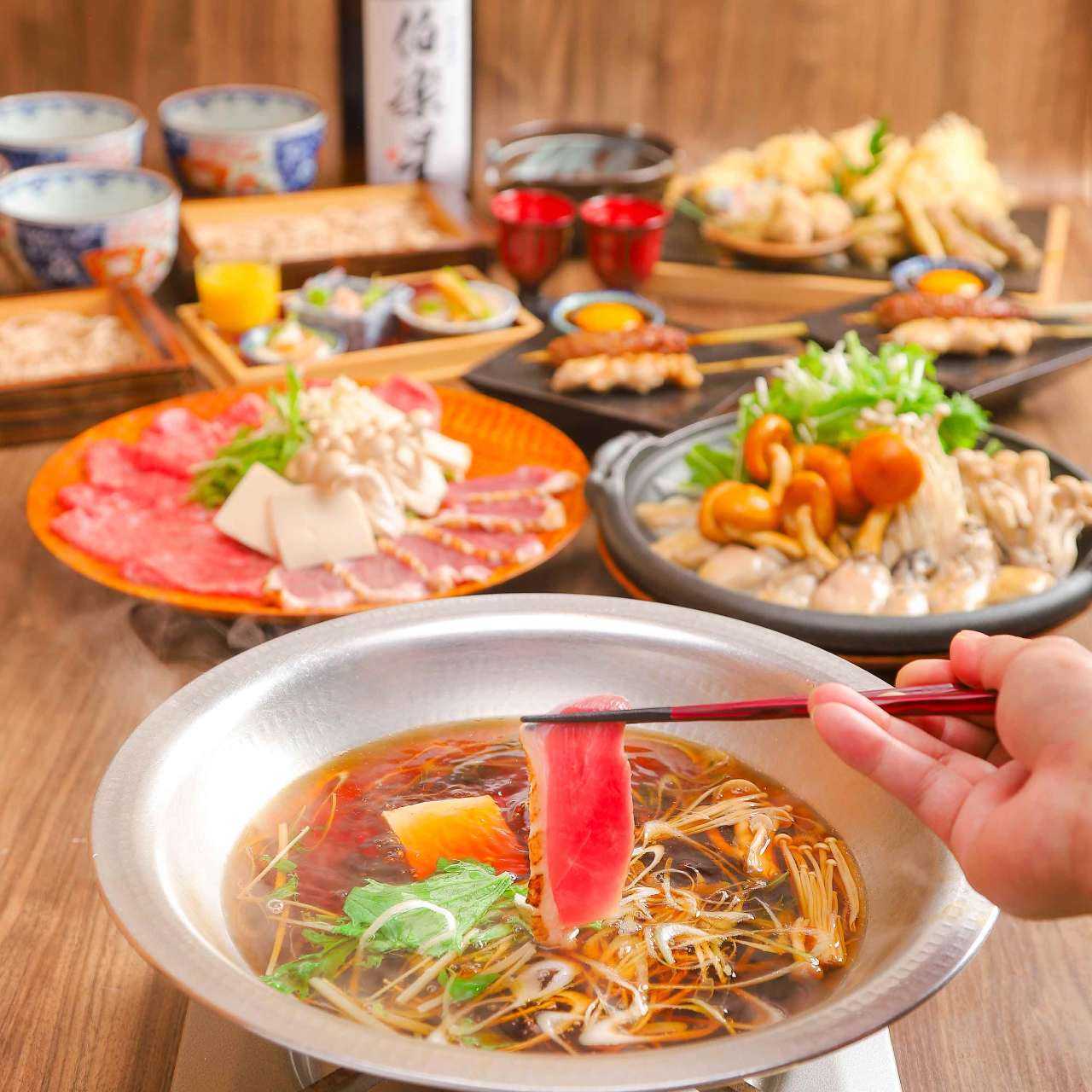 【豪華絢爛】選べるメイン『�黒毛和牛と合鴨ロースしゃぶしゃぶ』『濃厚鴨出汁せいろ蕎麦』2.5時間愉しむ宴