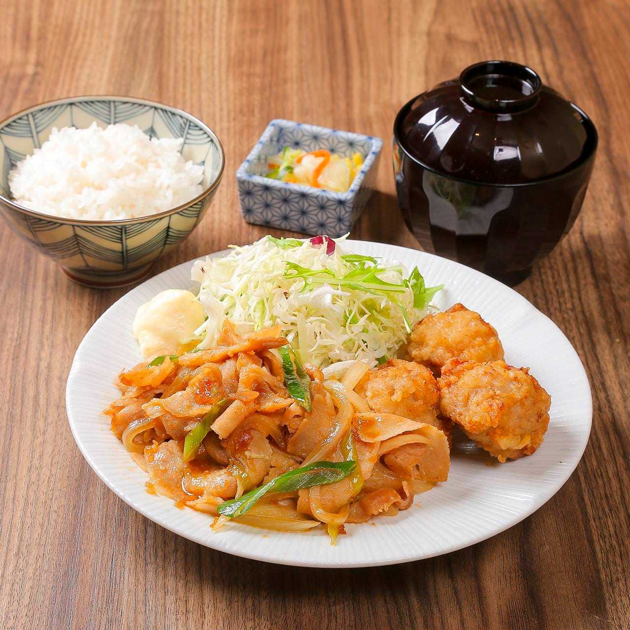 鶏唐揚げと豚生姜焼き合盛り御膳