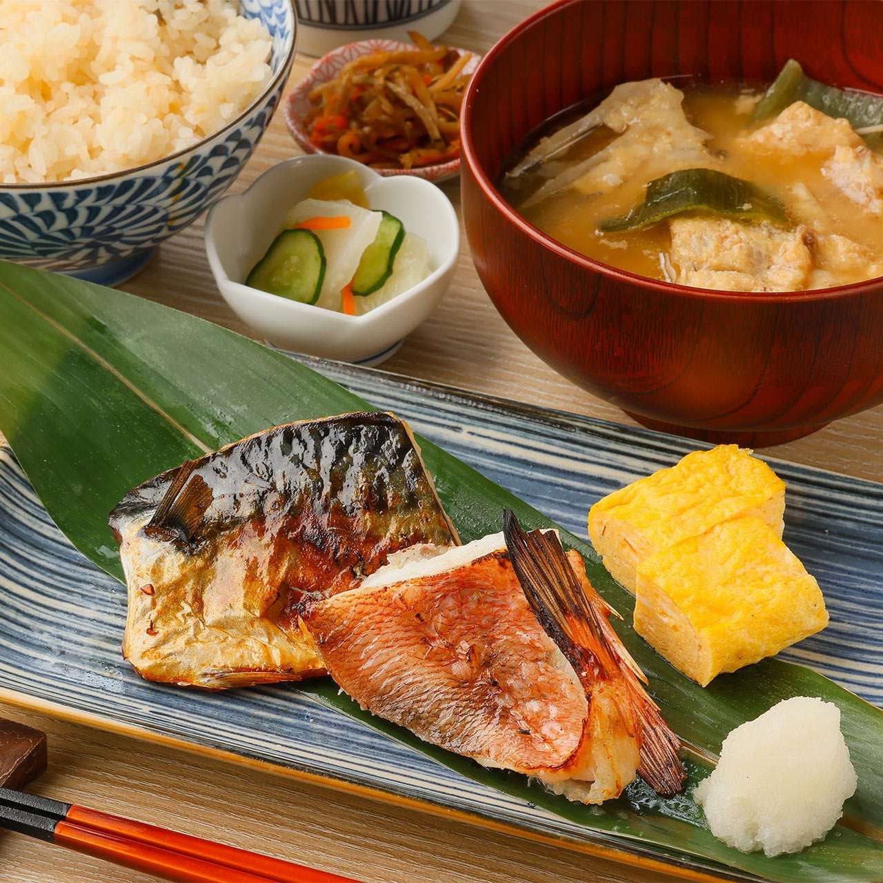 本日の焼き魚２種と出汁巻き御膳【鯛めし食べ放題付き】