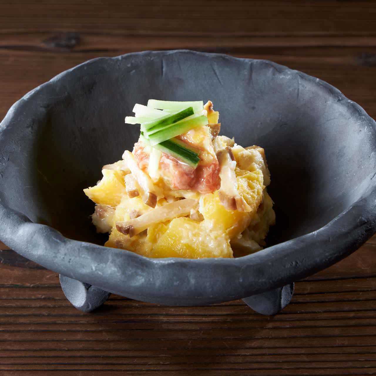 Potato salad with smoked daikon radish and sea bream kasu