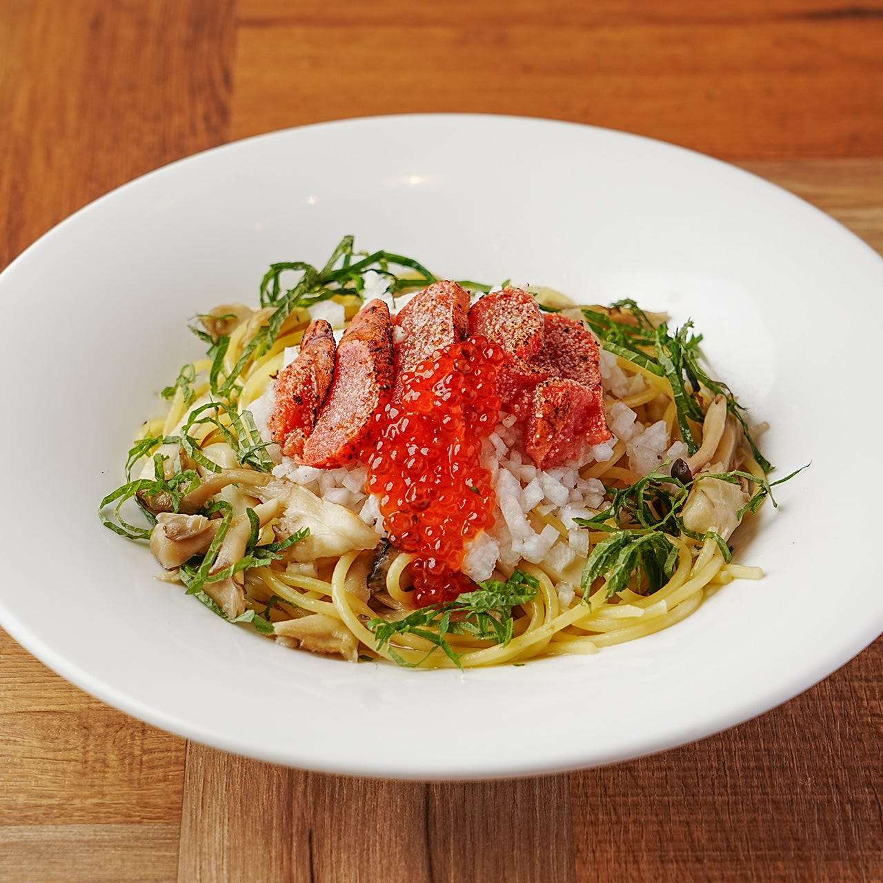 炙り明太子と3種きのこの和風おろしパスタ