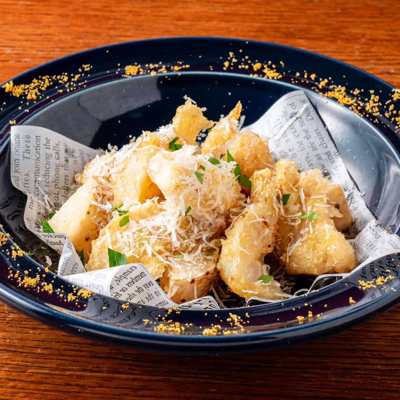 アンコウと長芋・蕪のフリットミスト～カラスミとチーズ～