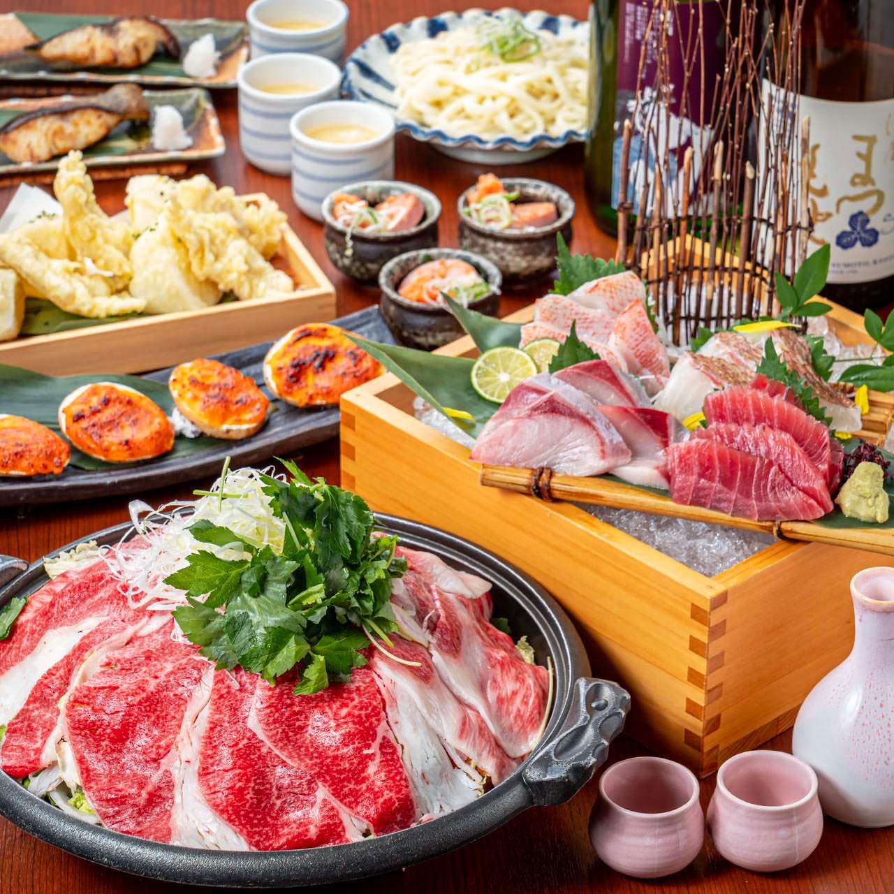 【夢】2時間飲み放題付き5,500円黒毛和牛のすき焼きと三崎まぐろ入りお造りを愉しむ宴