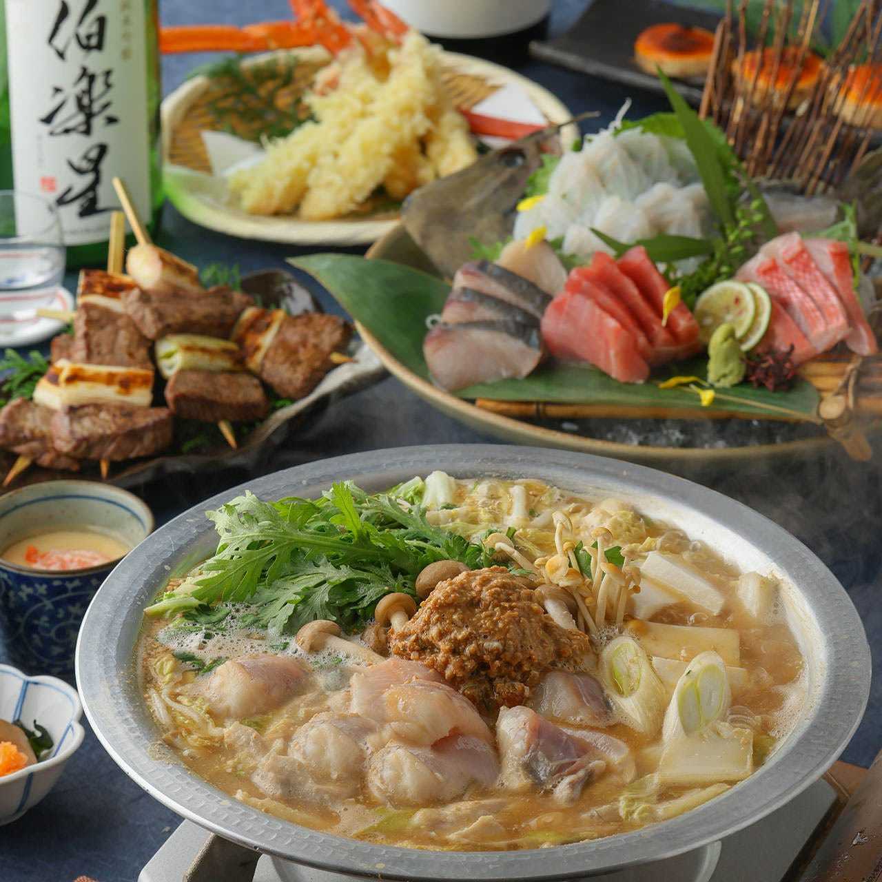 【雅】2時間飲み放題付6,800円「カワハギ姿造り本鮪入りお刺身盛」「黒毛和牛ねぎま串」「あんこう鍋」宴