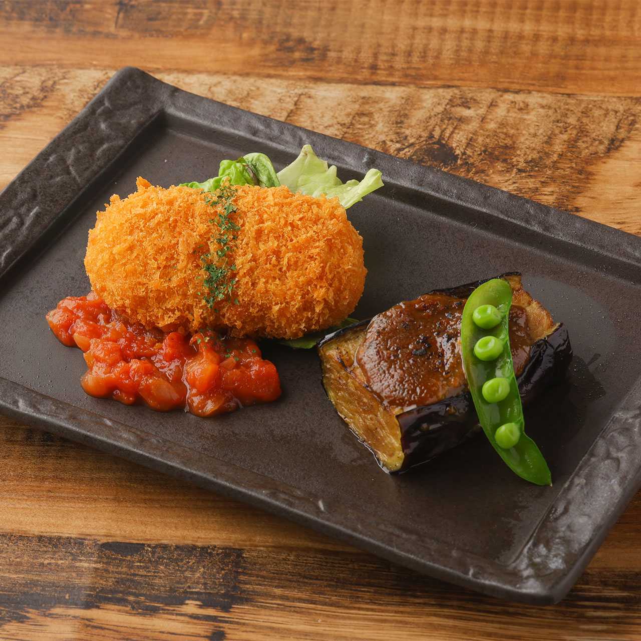 Corn croquette and Sadowara eggplant grilled with green chili miso (from June 2nd)