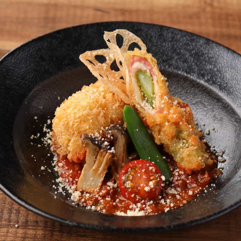 Creamy shrimp croquette and fried asparagus wrapped in pork (until June 1st)