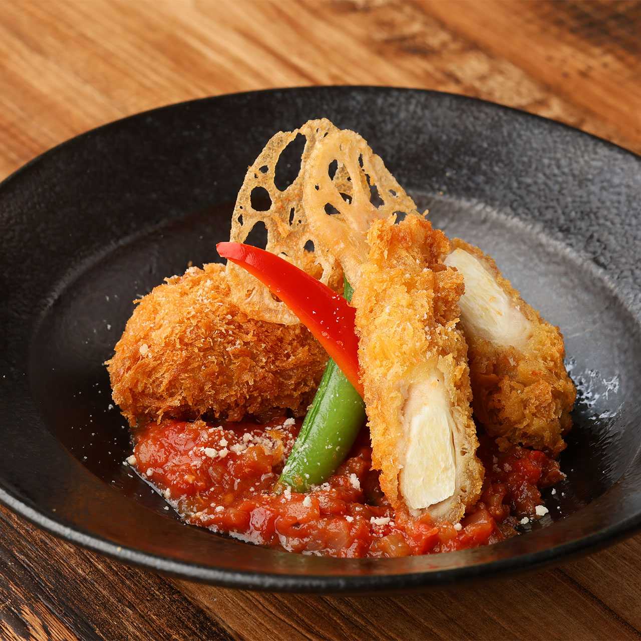 Crab cream croquette and fried pork wrapped in wild mushrooms