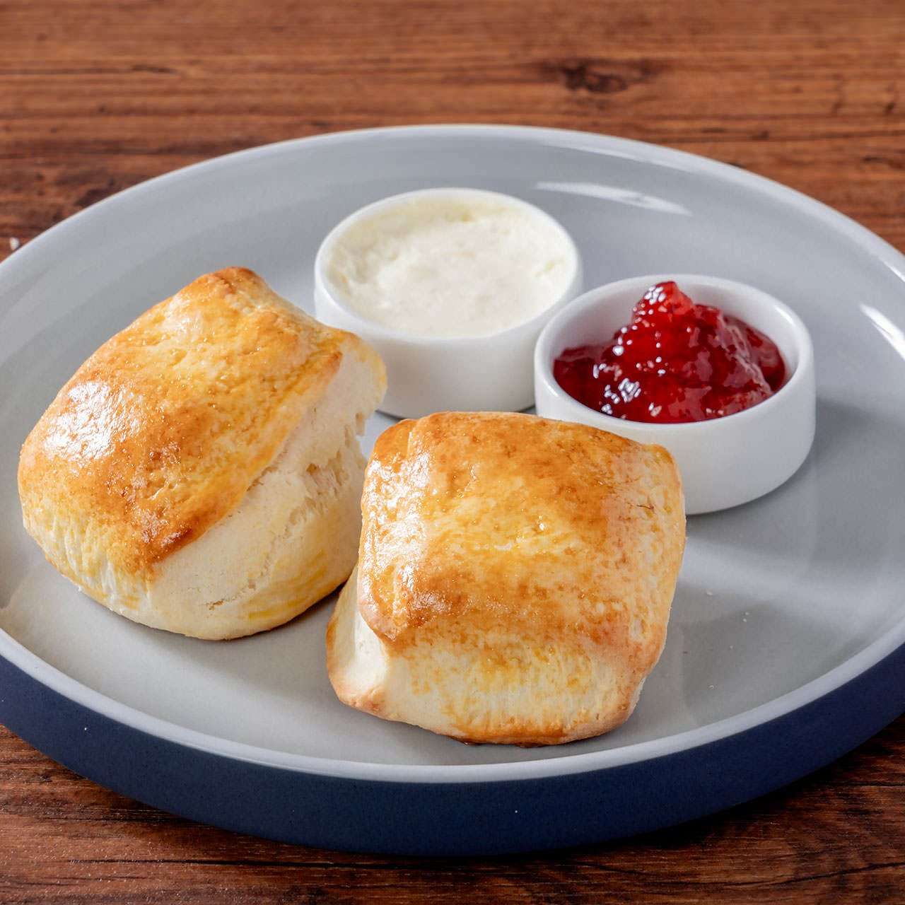Scones, clotted cream, strawberry jam