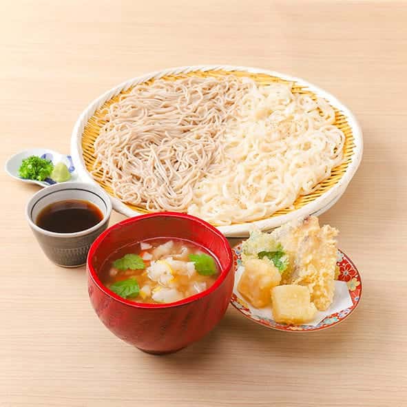 盆ざる「蕎麦・うどん」　～2色つゆ～　夏野菜天ぷら付き