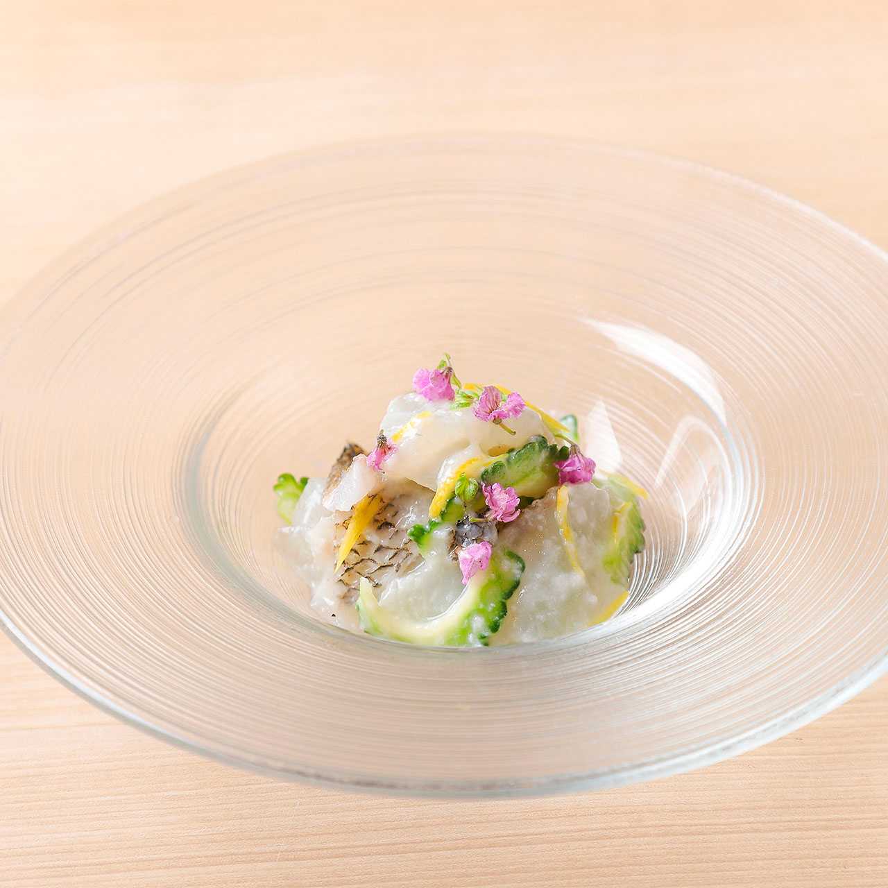 Washed Bass and Bitter Melon with Lemon Koji