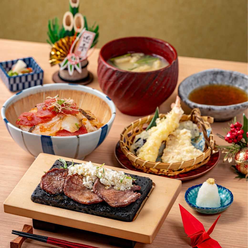 鮪と鯛の紅白丼と牛タン溶岩焼き御膳