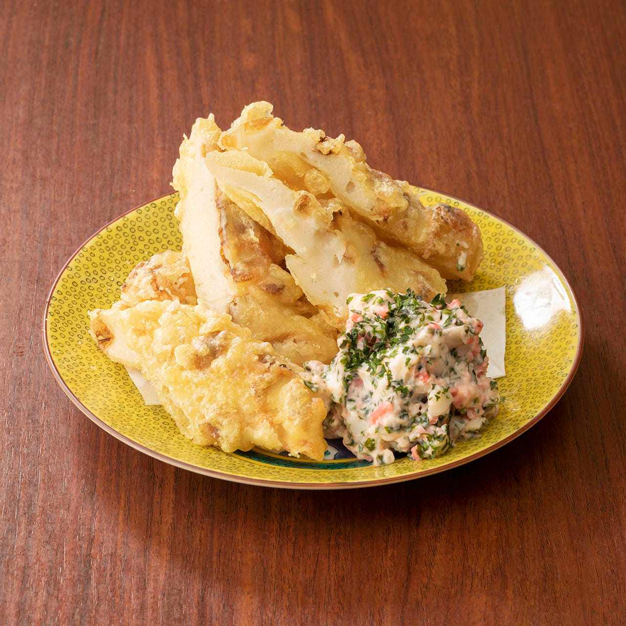 Chikuwa tempura with seaweed, pickled ginger and tartar sauce