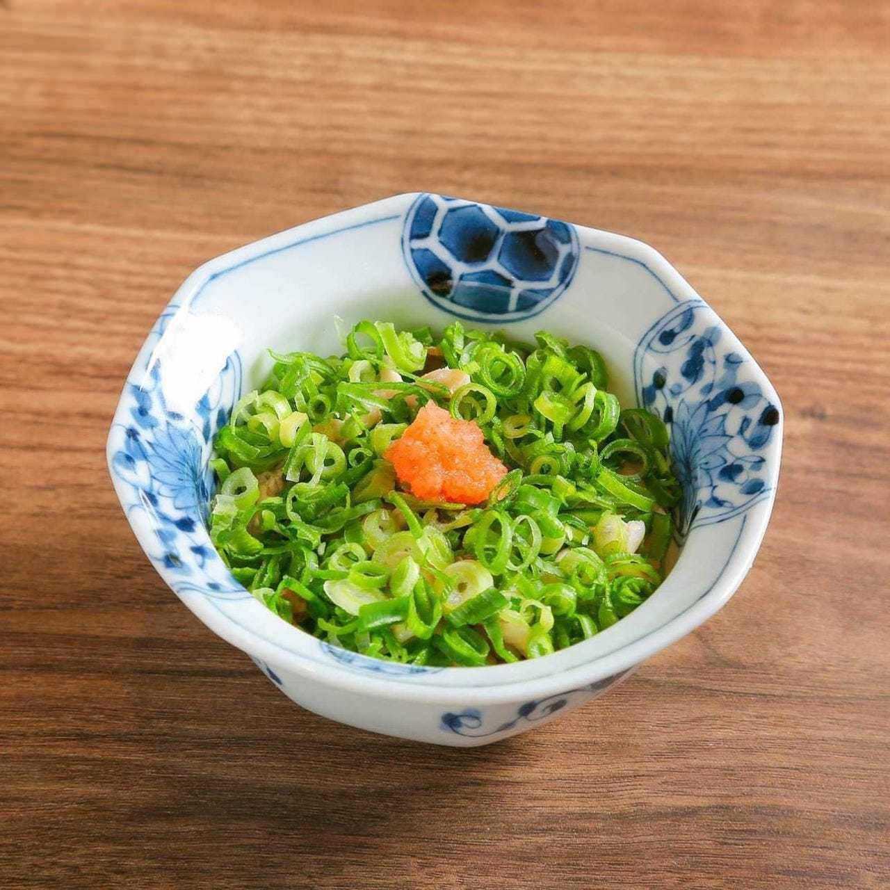 Chicken skin, green onion, wasabi, and ponzu sauce