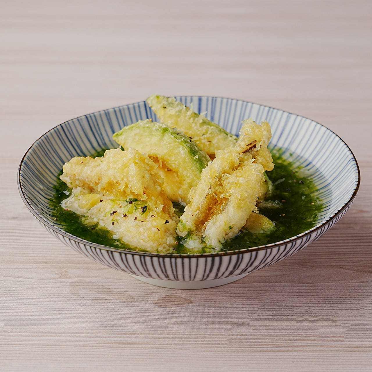 Conger eel and avocado with deep-fried seaweed