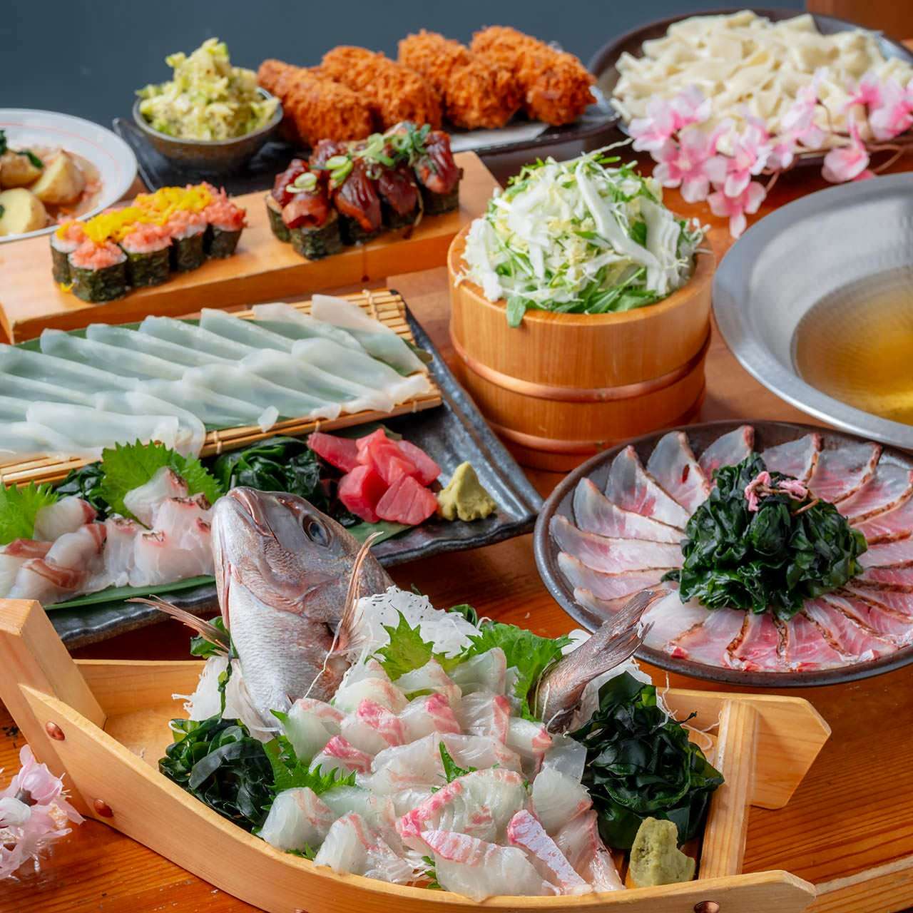 《土限定！飲み放題３時間6000円》神経〆真鯛姿造と紋甲イカ昆布〆入刺身4種・白寿真鯛しゃぶしゃぶ