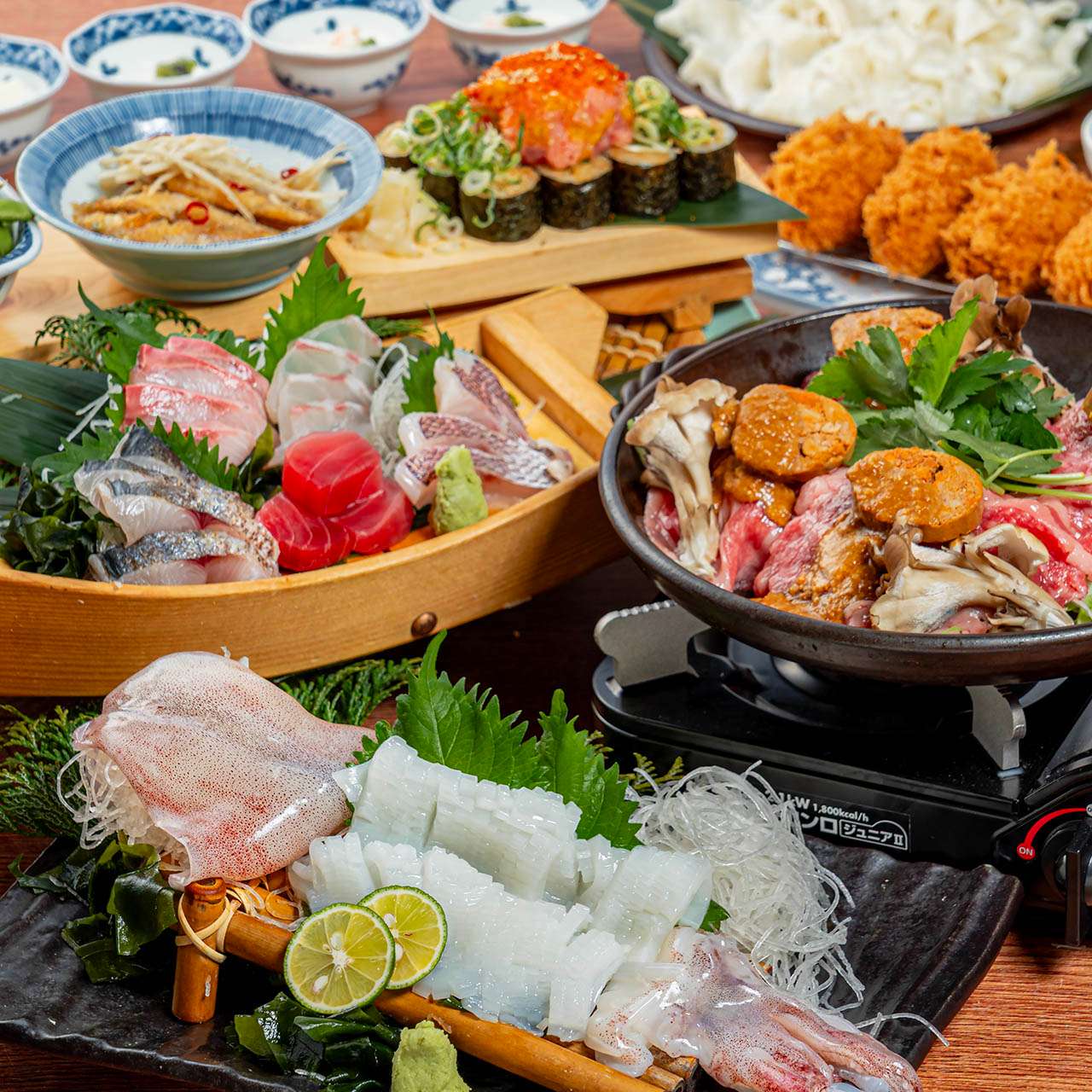 【昼・冬宴会】佐賀県唐津・剣先烏賊姿造りと刺身５種・和牛とあん肝の陶板蒸し　２H飲放付6000円　※3名様～