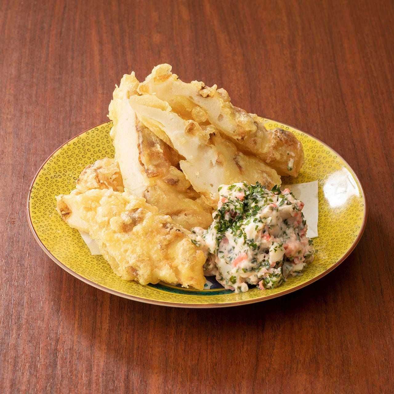 Chikuwa tempura with seaweed, pickled ginger and tartar sauce