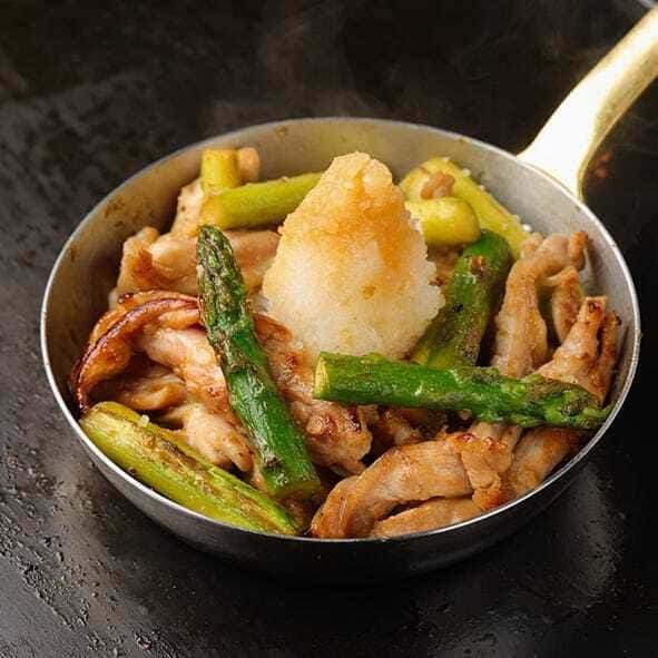 鶏せせりとアスパラの柚子胡椒ポン酢