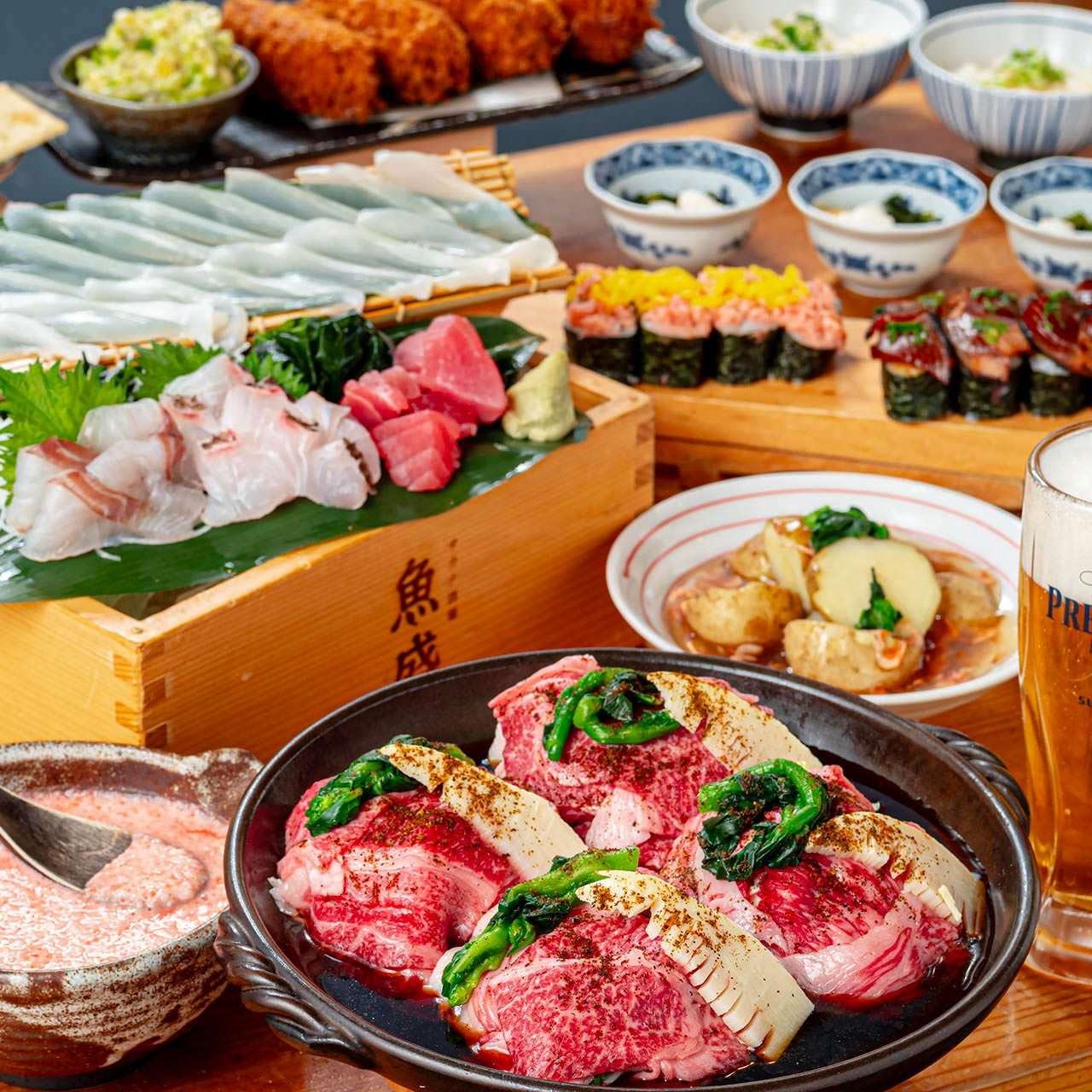 春【飲み放題付5500円】「和牛の陶板蒸し～明太出汁とろろがけ～」「紋甲イカの昆布〆入り刺身4種」宴