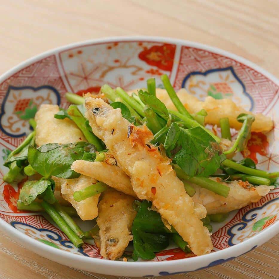 公魚竜田揚げと芹の土佐和え