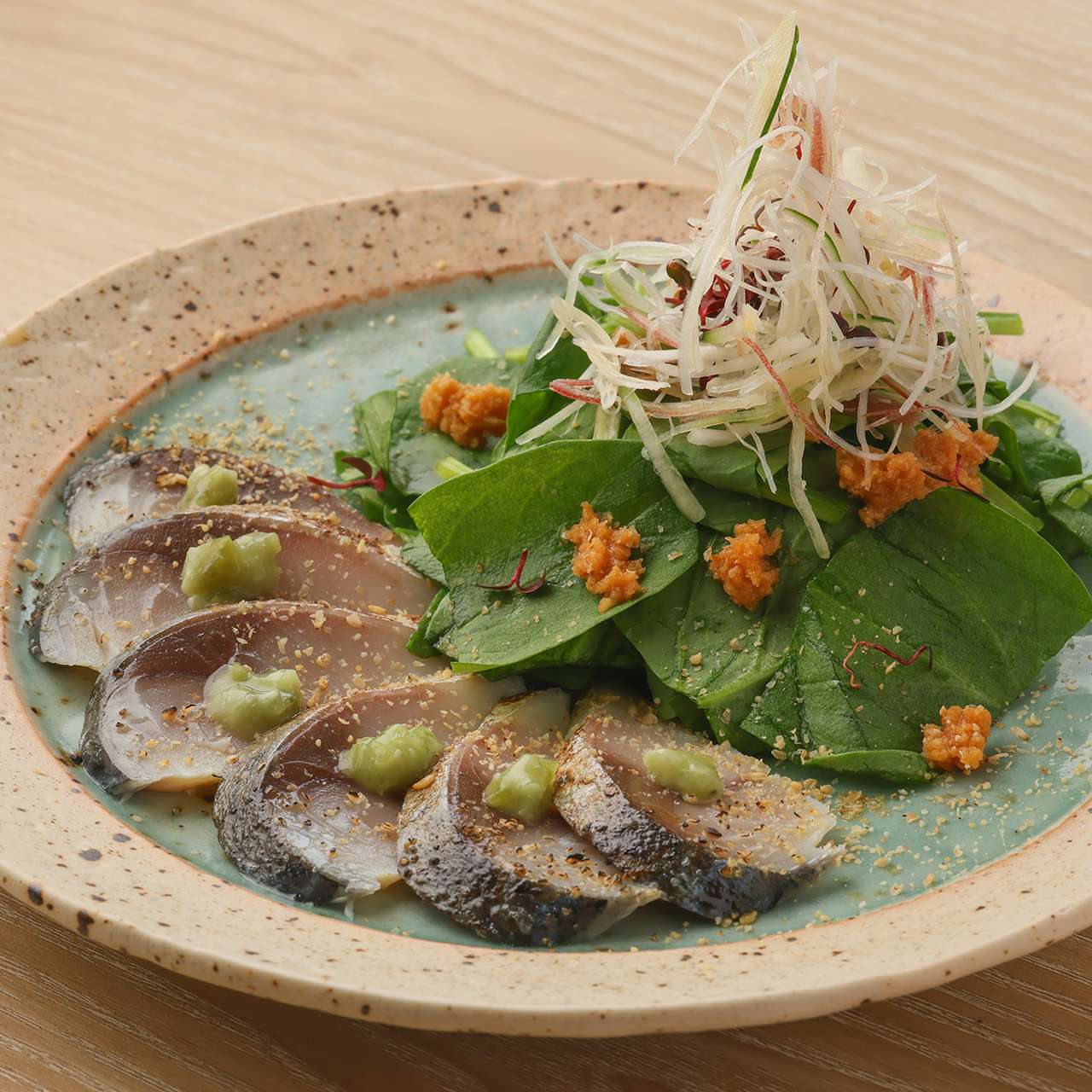 Grilled mackerel and green vegetables with mountain wasabi and soy sauce