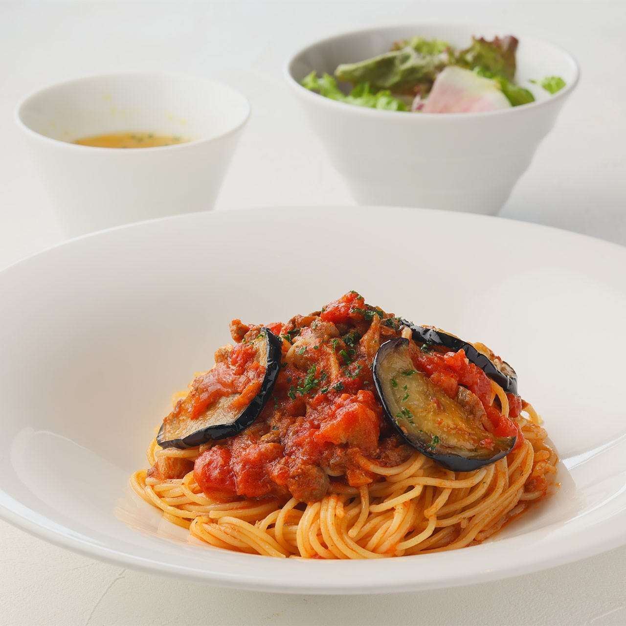 Beef and rice eggplant tomato spaghetti