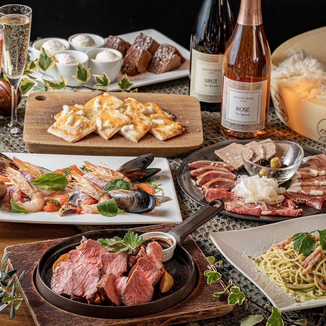 【プレミアムコース】飲み放題付き　肉と魚の前菜やサーロインステーキと〆の料理を楽しむプラン