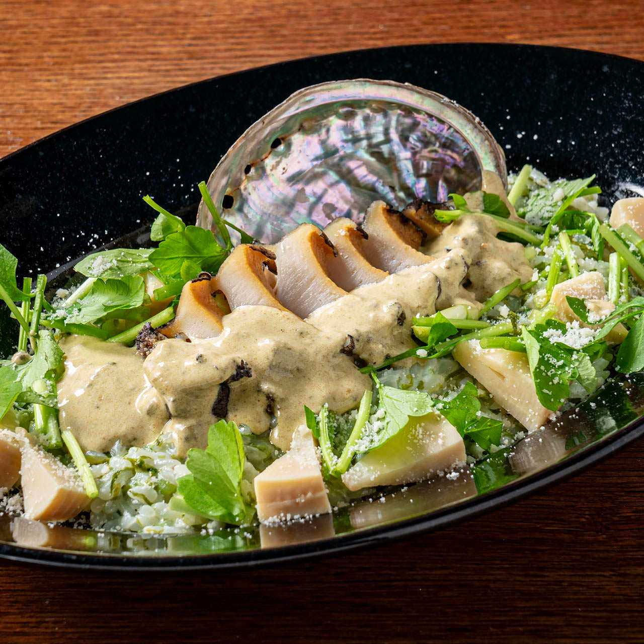 蝦夷アワビとあおさ海苔のリゾット　肝バターソース