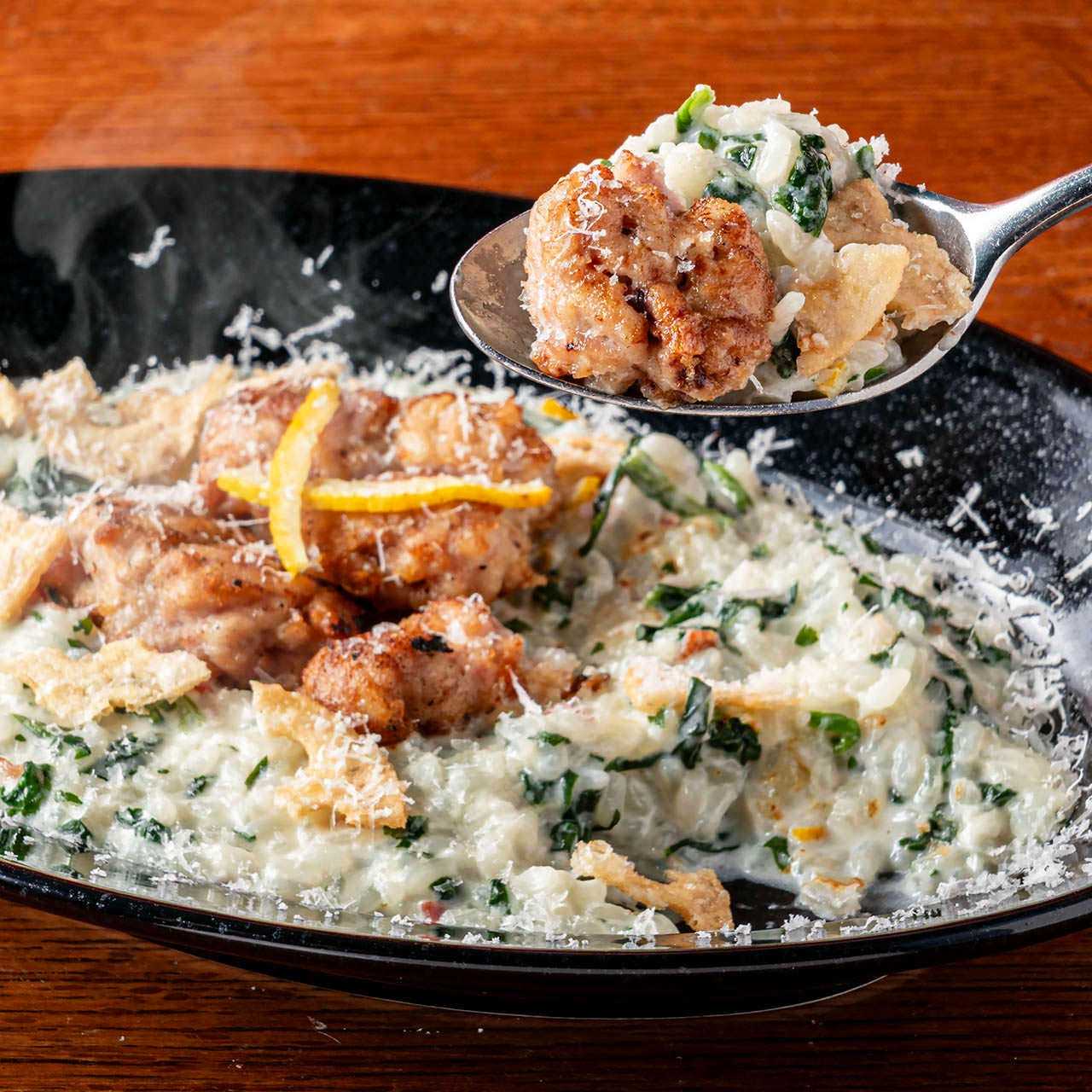 白子ムニエルのクリームリゾット　柚子のアクセント