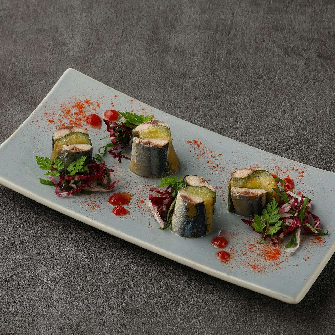 Pacific saury and grilled eggplant with rotuna and plum sauce made with Yamazaki barrel plum wine