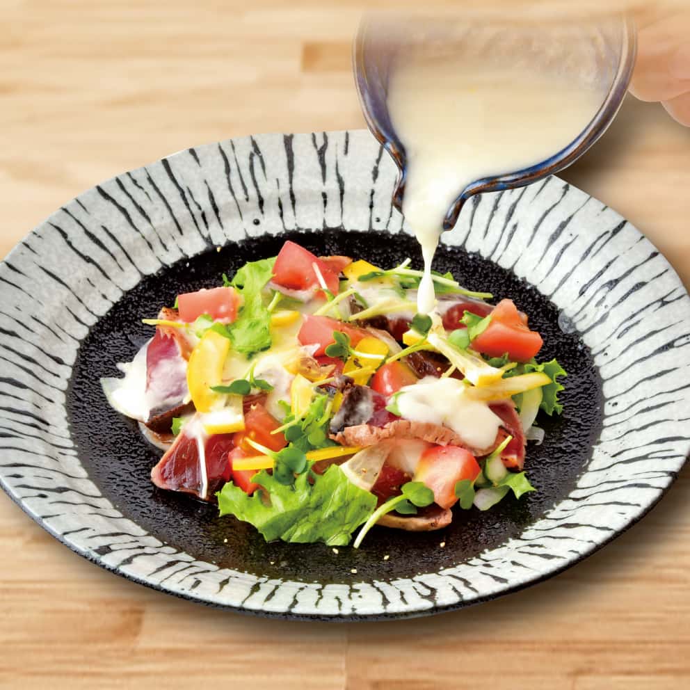 Line-caught straw-grilled bonito carpaccio