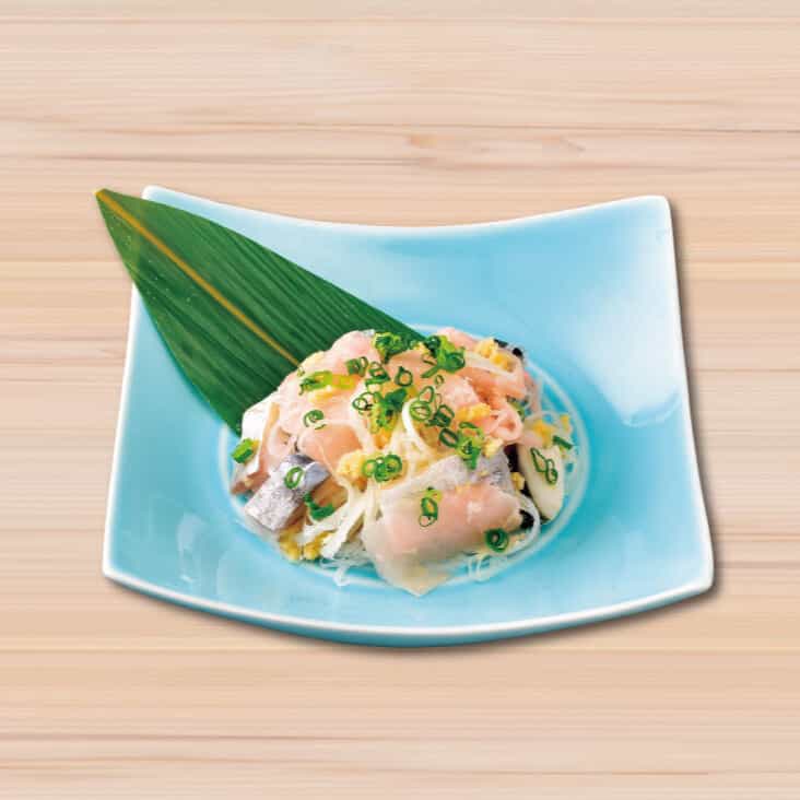 Pickled mackerel with green onions and mountain wasabi