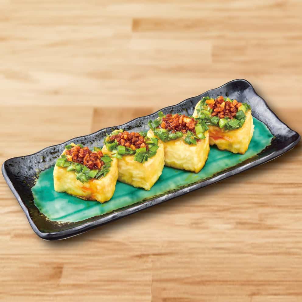 Deep-fried tofu with chive miso and chili oil