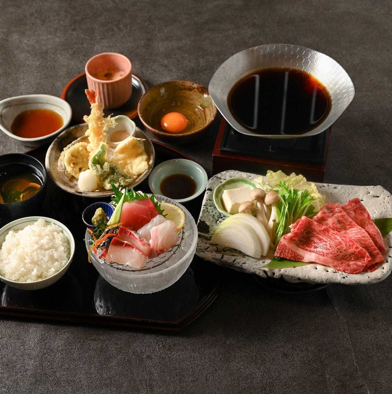 【日本三大和牛「近江牛」を味わう贅沢御膳】お造りと天婦羅、近江牛のすき焼き御膳