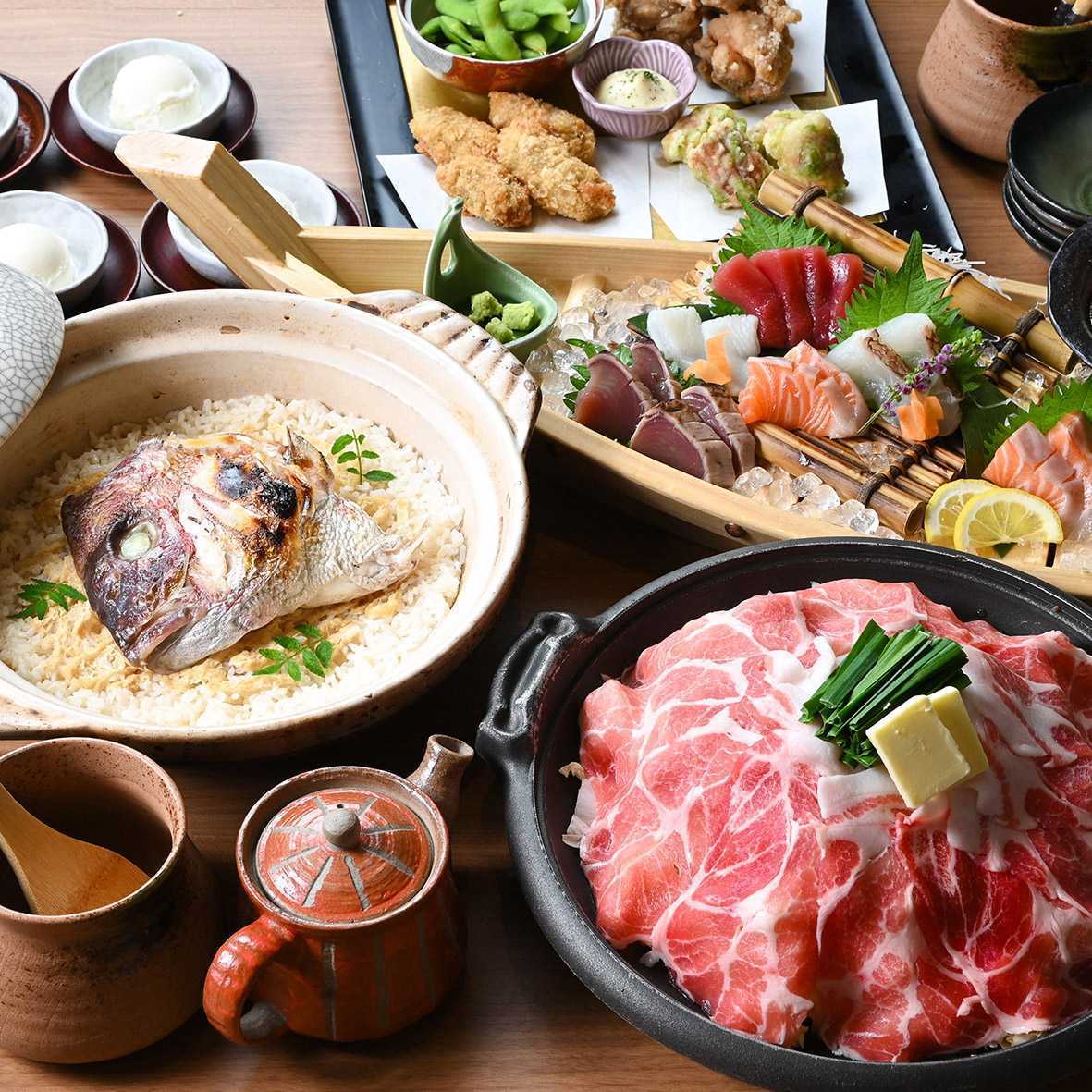 【含无限畅饮】海鲜拼盘和铁板烧猪肉鲷鱼饭套餐 5,000日元
