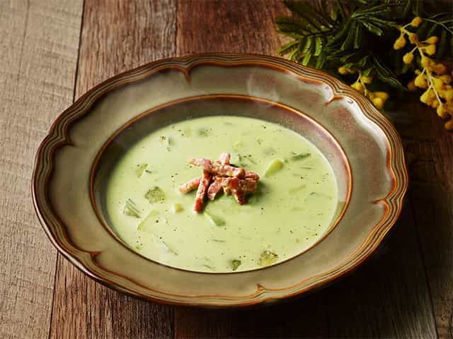 Spring vegetable and Kunchama bacon fresh green soy milk potage