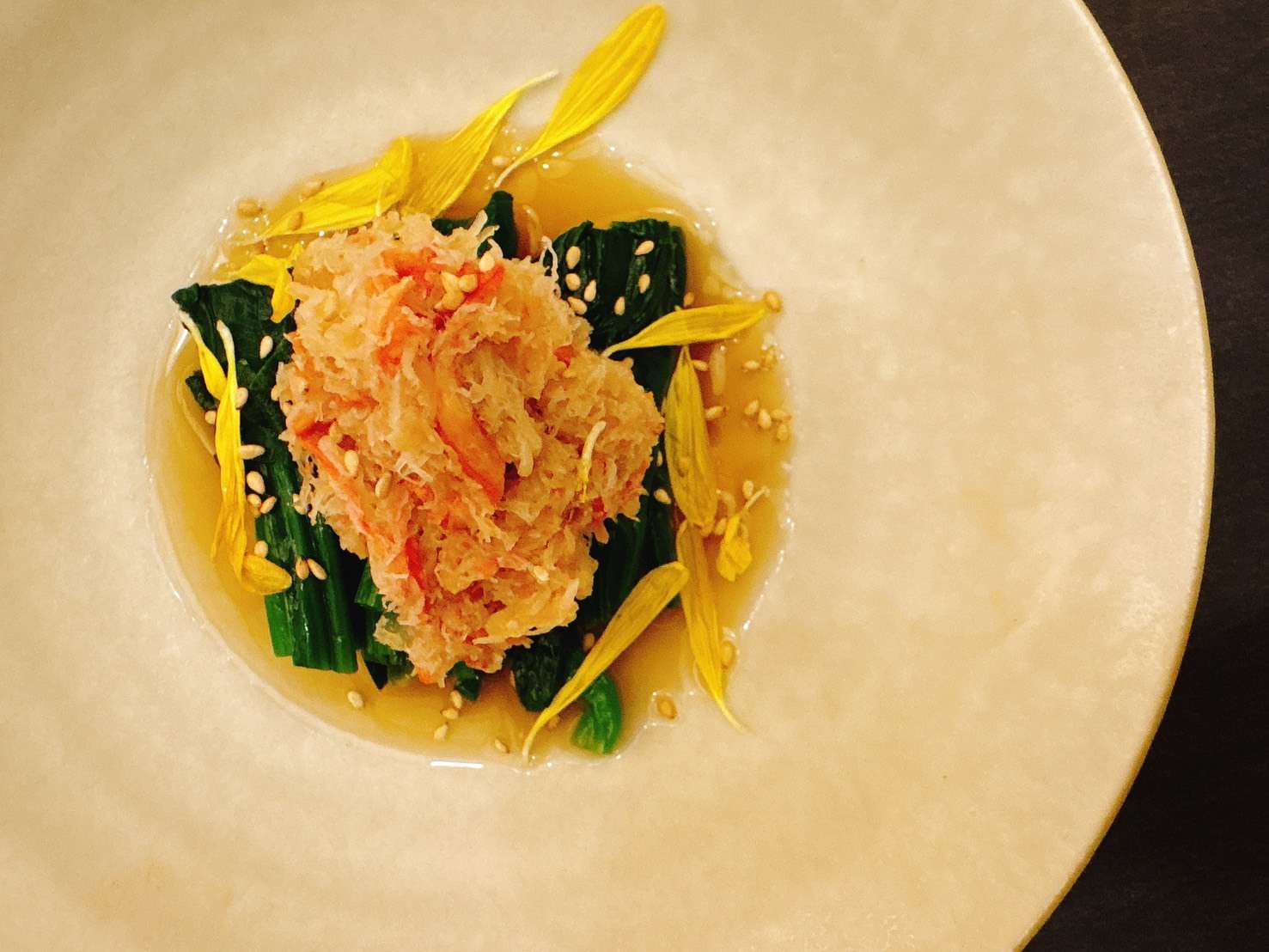 ちぢみほうれん草と蟹のお浸し