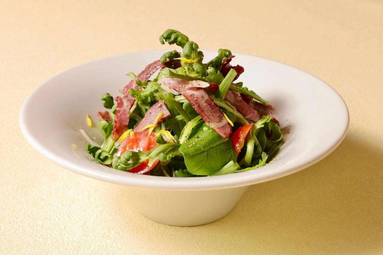 Spring-inspired smoked beef and chrysanthemum salad